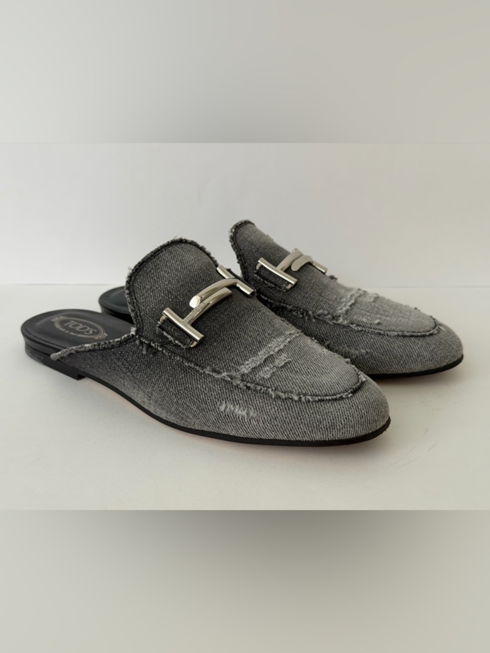 Tod's Gray Distressed Denim Backless Loafers with Silver Bit